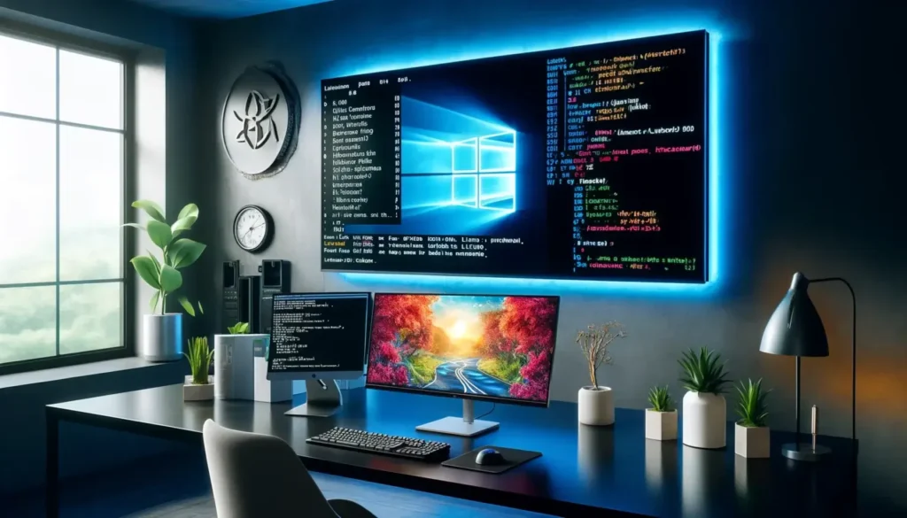 Visually appealing digital workspace with two monitors, one displaying a vibrant Windows 10 desktop.