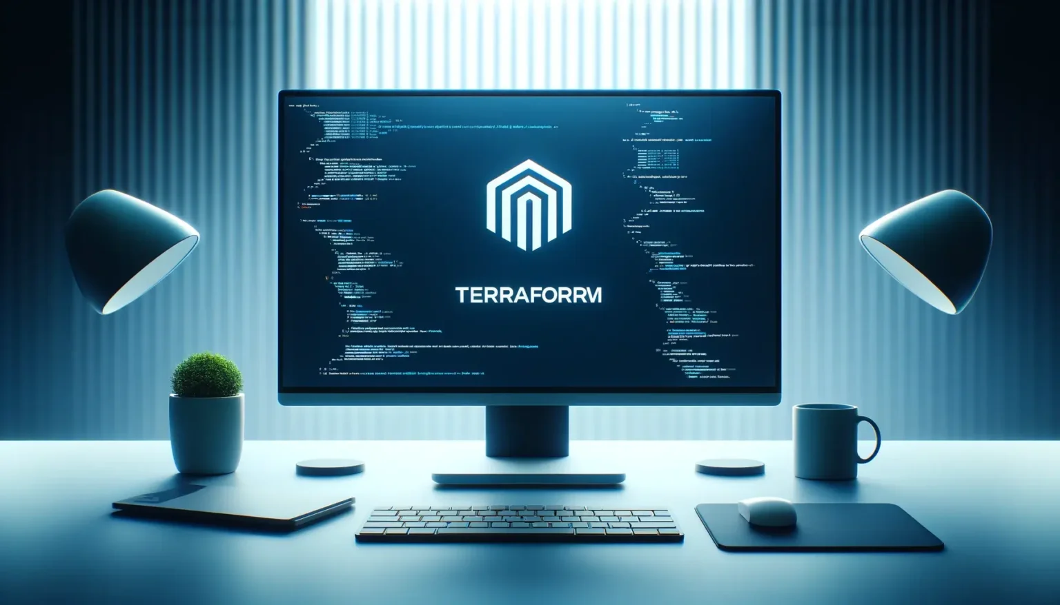 Modern desktop setup with clear visibility of the Terraform logo, emphasizing technology and coding.