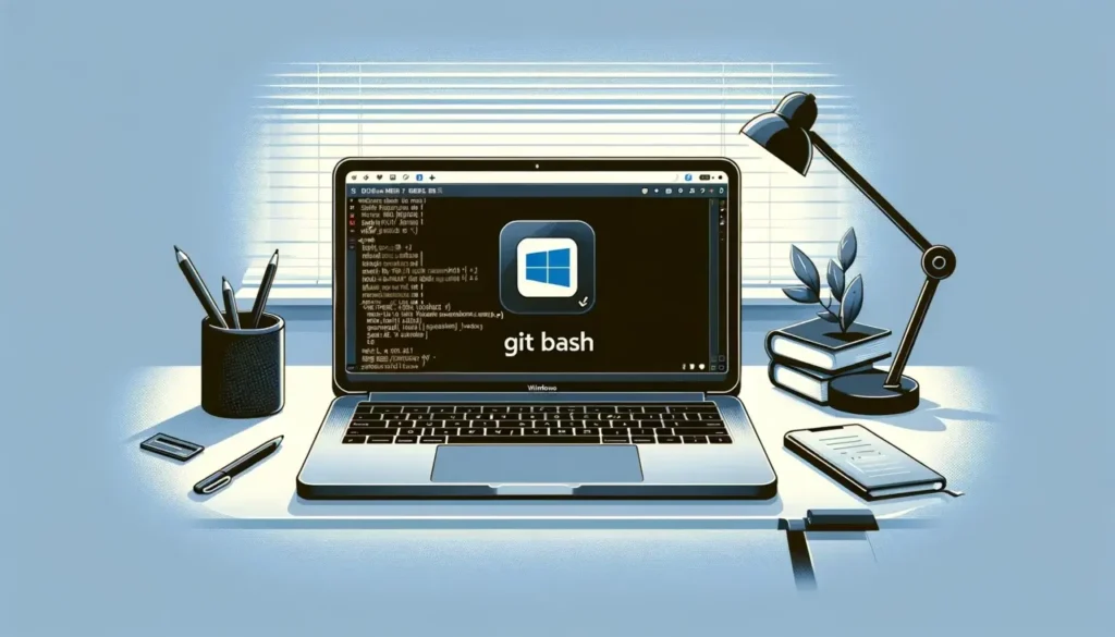 Professional illustration for a tech blog article focusing on a modern laptop displaying the Git Bash interface.